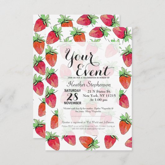 Hellfarbene Wasserfarben Erdbeeren Einladung (Vorne/Hinten)