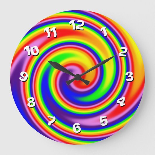 Hellfarbige Regenbogenspirale Swirl Wonky Zahlen Große Wanduhr (Vorderseite)