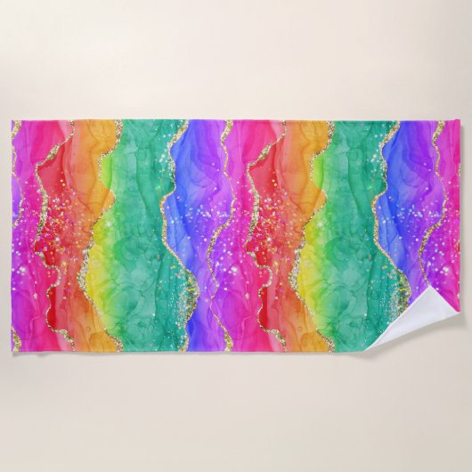 Hellfarbiger Regenbogen-Glitzer Gold Agate Strandtuch (Vorderseite)