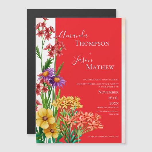 Hellgelb-orange Lila Wildblumen Hochzeit Magneteinladung (Vorne/Hinten)