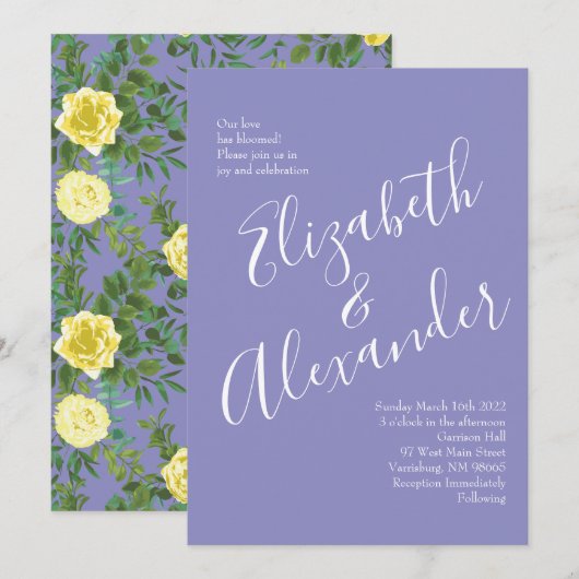 Hellgelb & Periwinkle Blaue Rose Blumenzehen Einladung (Vorne/Hinten)