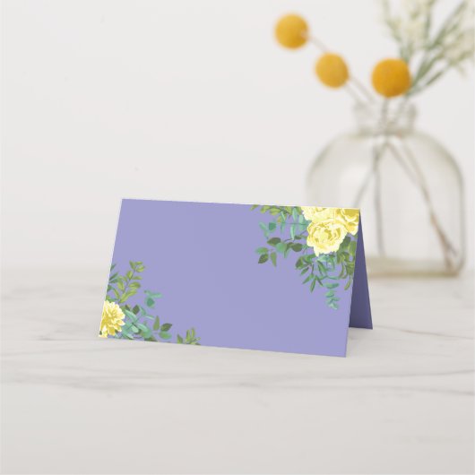 Hellgelb & Periwinkle Blaue Rose Blumenzehen Platzkarte (Vorderseite)