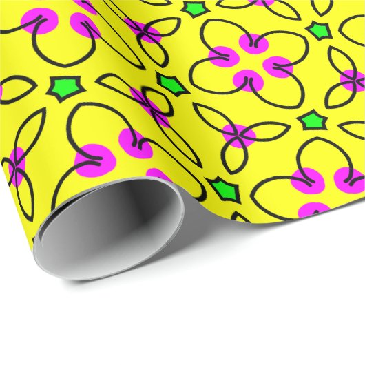 Hellgelb, rosa, grüne Retroflorale Geschenkpapier (Rolleneckpunkt)