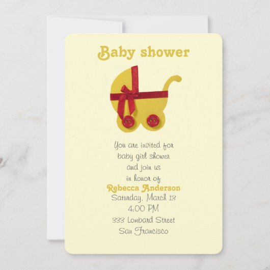 Hellgelb, rote Babytrappe für die Babydusche Einladung (Vorderseite)