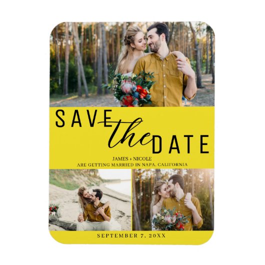 Hellgelb Save the Date Hochzeit 3 Fotos Magnet (Vertikal)