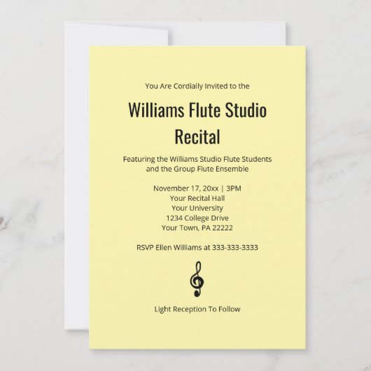 Hellgelb, schlicht, glänzend, flattige Musik Einladung (Vorderseite)