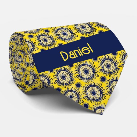 Hellgelb und Abstrakte blaue Blume Krawatte (Gerollt)