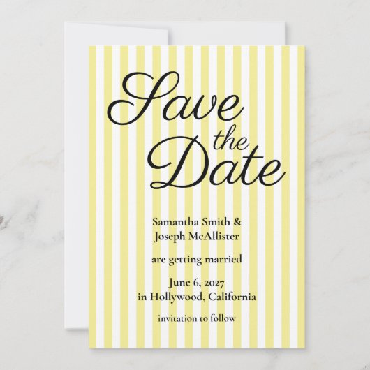 Hellgelb und Weiß gestreift Save The Date (Vorderseite)