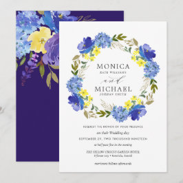 Hellgelbe blaue Blüten im Kranz Einladung