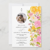 Hellgelbe Blumeninitialen Foto Hochzeit Einladung (Vorderseite)