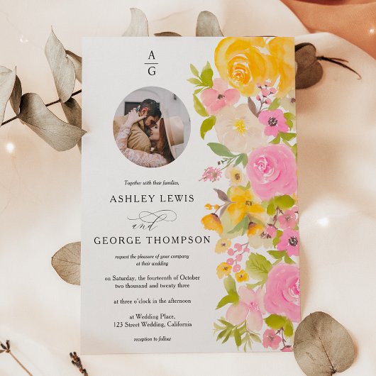 Hellgelbe Blumeninitialen Foto Hochzeit Einladung