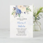 Hellgelbe Dusty Blue Peony Floral Couples Dusche Einladung (Stehend Vorderseite)