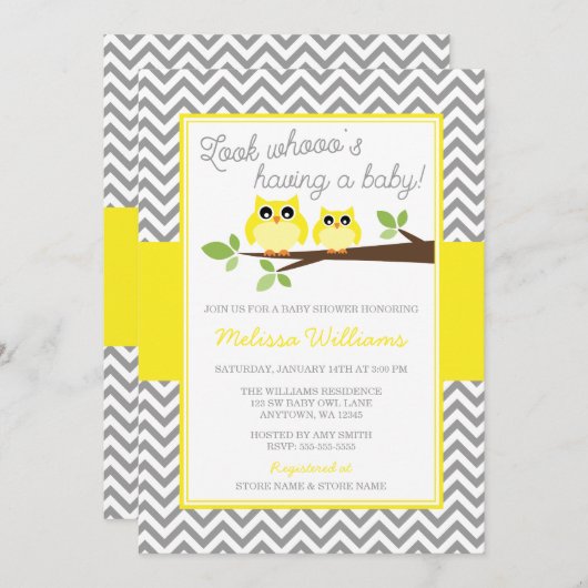 Hellgelbe Eule Graue Zickzack Babydusche Einladung (Vorne/Hinten)