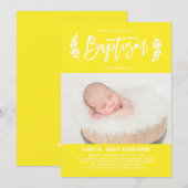 Hellgelbe Laurel Wreath Baby Foto Taufe Einladung (Vorne/Hinten)