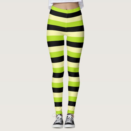 Hellgelbe, Limone grüne und schwarze Streifen Leggings (Vorderseite)
