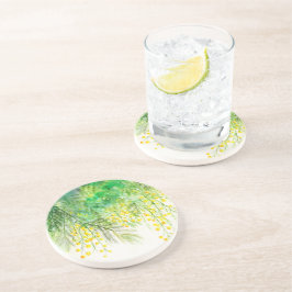 Hellgelbe Mimosa Aquarellfarben Blume Malerei Getränkeuntersetzer