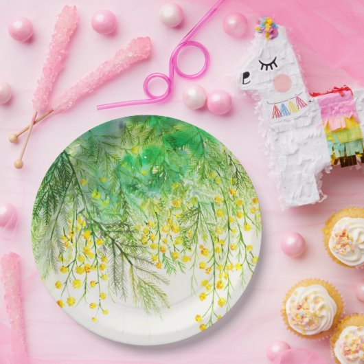 Hellgelbe Mimosa Aquarellfarben Blume Malerei Pappteller (Party)