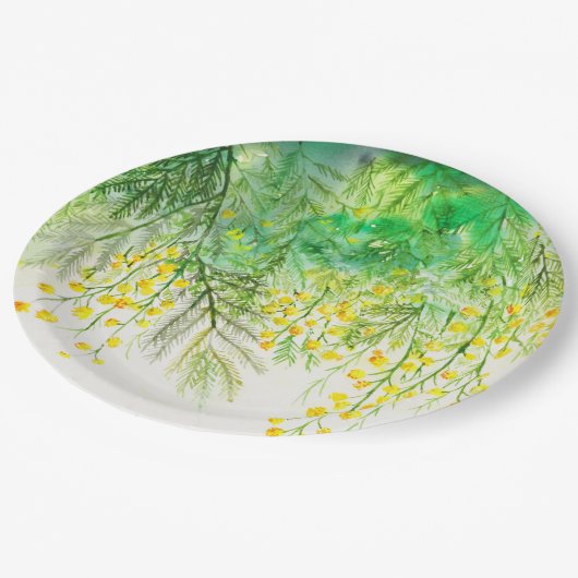 Hellgelbe Mimosa Aquarellfarben Blume Malerei Pappteller (Schrägansicht)