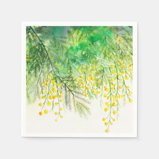 Hellgelbe Mimosa Aquarellfarben Blume Malerei Serviette (Vorderseite)