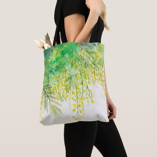 Hellgelbe Mimosa Aquarellfarben Blume Malerei Tasche (Von Nahem)
