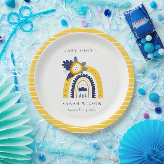 Hellgelbe Navy Boho Bläsernchen Rainbow Baby Dusch Pappteller (Party)