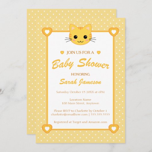 Hellgelbe orange neutrale Niedliche KatzenBaby-Dus Einladung (Vorne/Hinten)