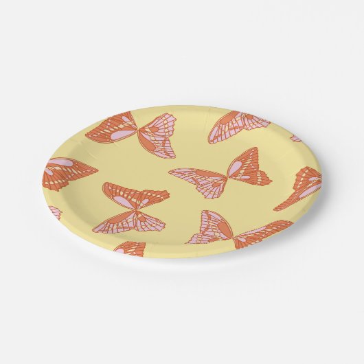 Hellgelbe, orange und rosa Schmetterlinge Pappteller (Schrägansicht)