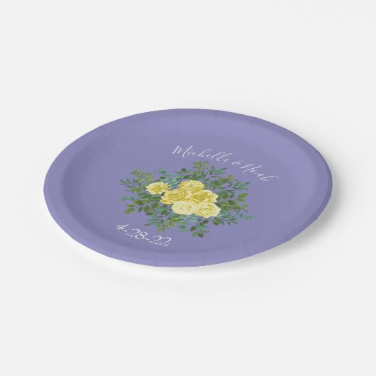 Hellgelbe Periwinkle Blaue Rose Blumenzehen Pappteller (Schrägansicht)