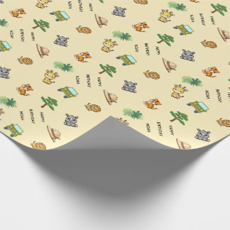 Hellgelbe personalisierte Safari-Tier-Geburtstagsf Geschenkpapier