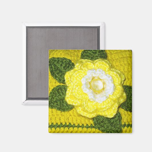 Hellgelbe Rose und grüne Blätter Crochet Print Magnet (Vorderseite/Rückseite)