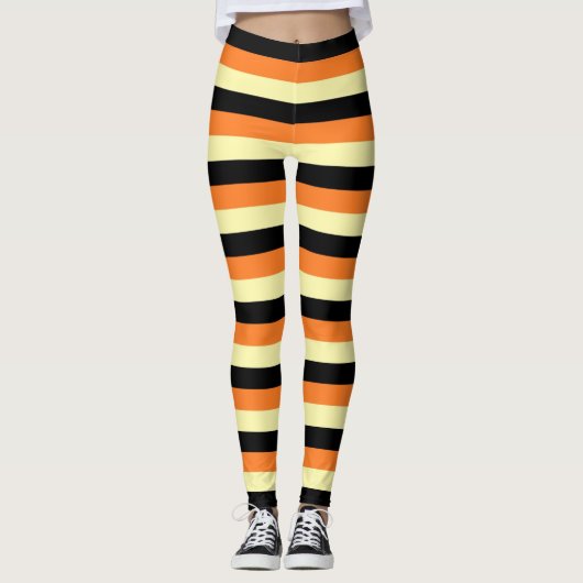 Hellgelbe, schwarze und orange Streifen Leggings (Vorderseite)
