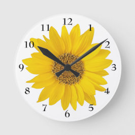 Hellgelbe Sonnenblume auf weißer Blume Runde Wanduhr