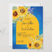 Hellgelbe Sonnenblumen auf blauem Hintergrund Einladung (Vorderseite)