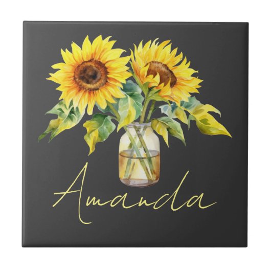 Hellgelbe Sonnenblumen auf schwarzem Minimalistisc Fliese (Vorderseite)