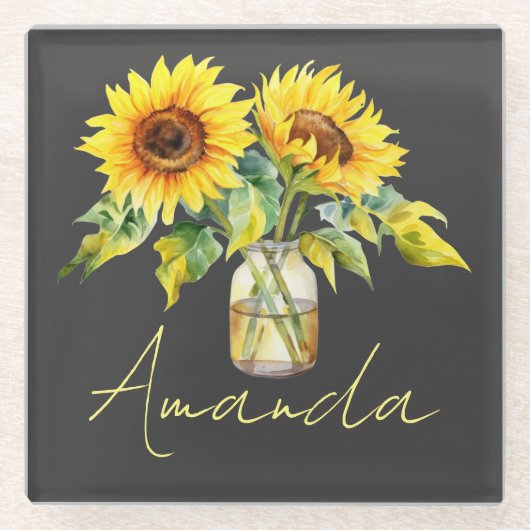 Hellgelbe Sonnenblumen auf schwarzem Minimalistisc Glasuntersetzer (Vorderseite)