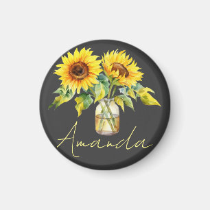 Hellgelbe Sonnenblumen auf schwarzem Minimalistisc Magnet