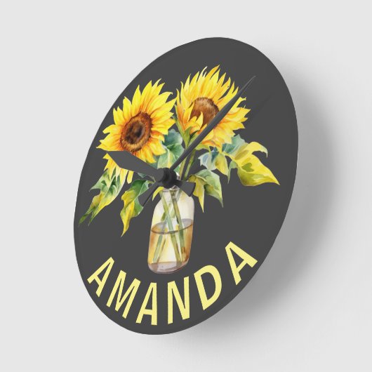 Hellgelbe Sonnenblumen auf schwarzem Minimalistisc Runde Wanduhr (Winkel)