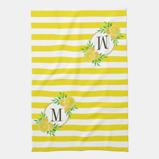 Hellgelbe Streifen Zitronenslicen Monogramm Geschirrtuch (Vertikal)