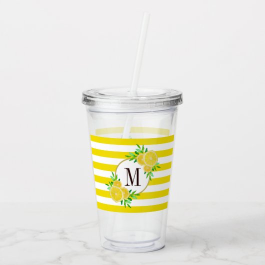 Hellgelbe Streifen Zitrusfrüchte-Scheiben-Monogram Acryltrinkbecher (Rückseite)
