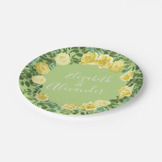 Hellgelbe und blassgrüne Rose Blumenzehen Pappteller (Schrägansicht)