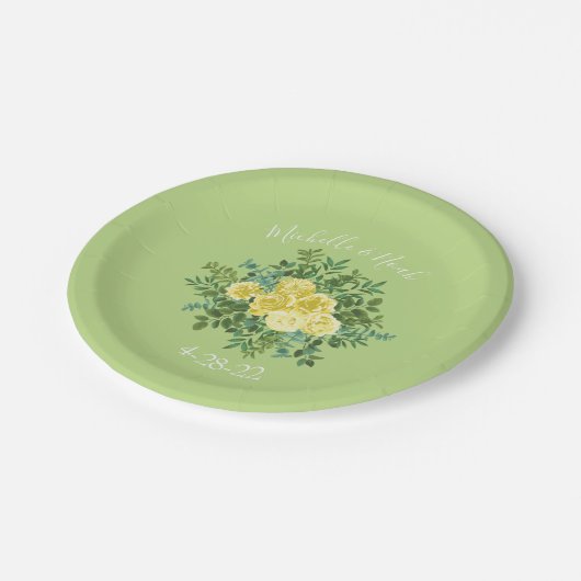 Hellgelbe und blassgrüne Rose Blumenzehen Pappteller (Schrägansicht)