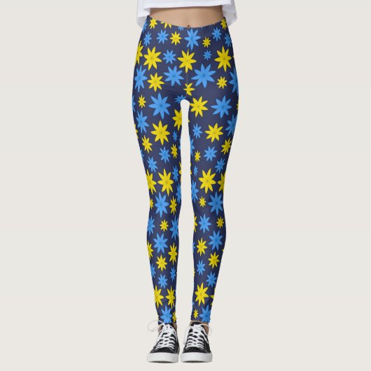 Hellgelbe und blaue Blumenmuster Leggings (Vorderseite)