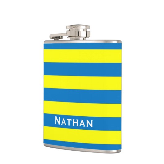 Hellgelbe und blaue Streifen Personalisiert Flachmann (Links)