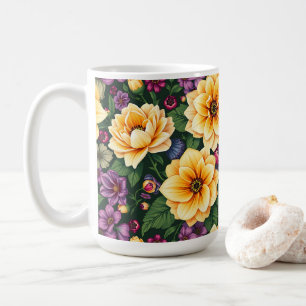 Hellgelbe und violette Blumen farbenfrohe Blumen Kaffeetasse