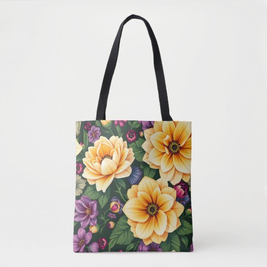 Hellgelbe und violette Blumen farbenfrohe Blumen Tasche (Vorderseite)