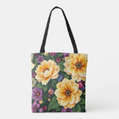 Hellgelbe und violette Blumen farbenfrohe Blumen Tasche (Rückseite)