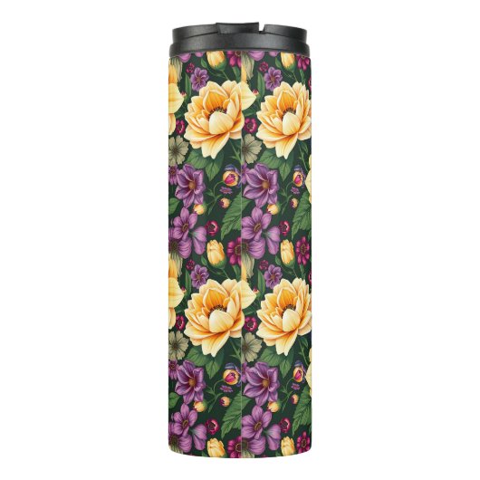 Hellgelbe und violette Blumen farbenfrohe Blumen Thermosbecher (Rückseite)