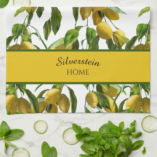 Hellgelbe Zitronen und grüne Blätter Geschirrtuch (Gefaltet)