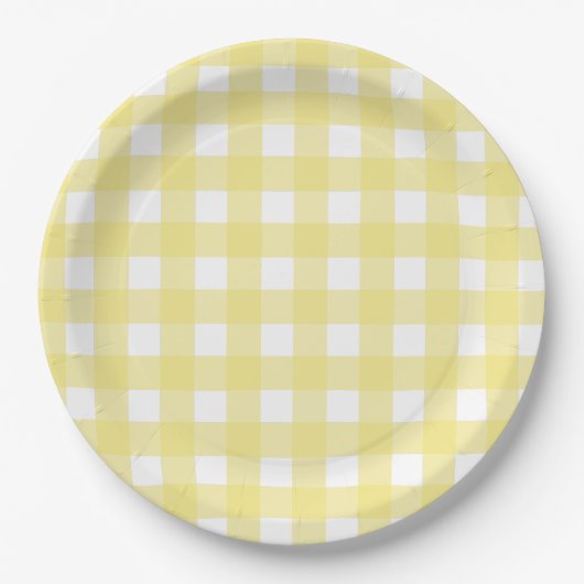 Hellgelber und weißer Gingham Pappteller (Vorderseite)