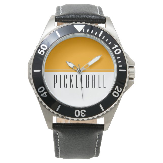 Hellgelber, weißer Farbblock - PICKLEBALL-Text Armbanduhr (Vorderseite)